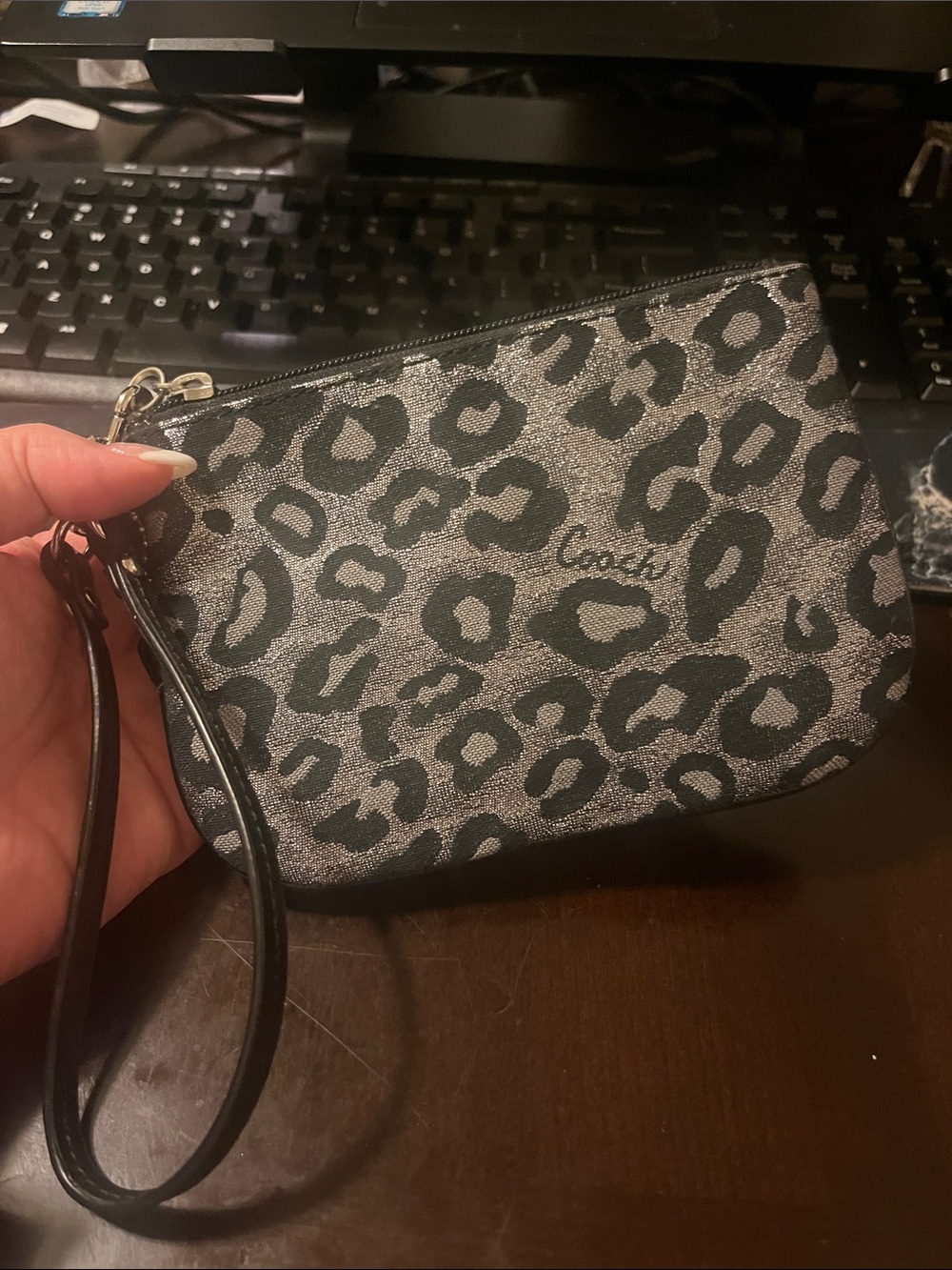 Coach Black and Silver Leopard Print Wristlet